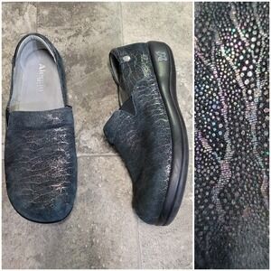 Alegria KEL-193 Slip On Black Rainbow Iridescent Shimmer Leather Loafers Euro 43